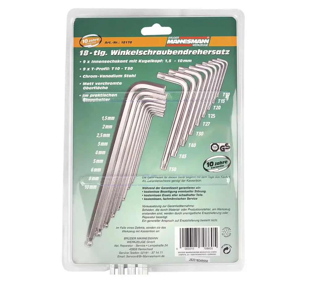 MANNESMANN Jeu 18 clés hexagonales et Torx L-shape - Acier CrV chromé poli — vue 3